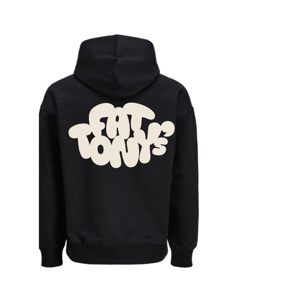 Fat Tony's Hoodie — Black, back with cream logo print