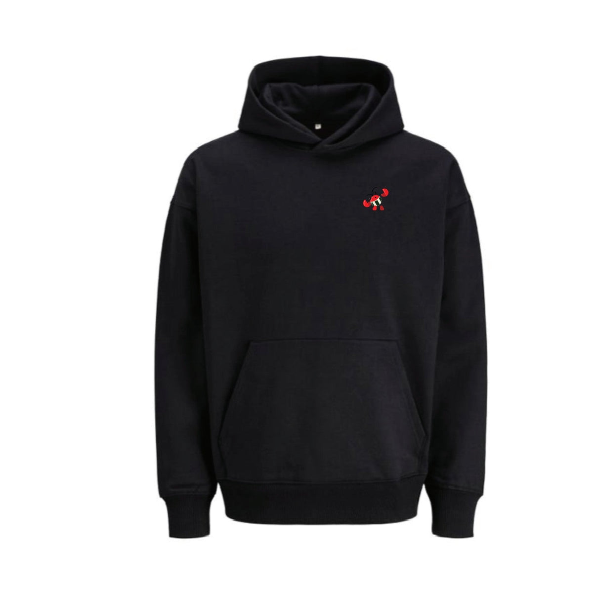 Fat Tony's Hoodie — Black, front with lobster chest print